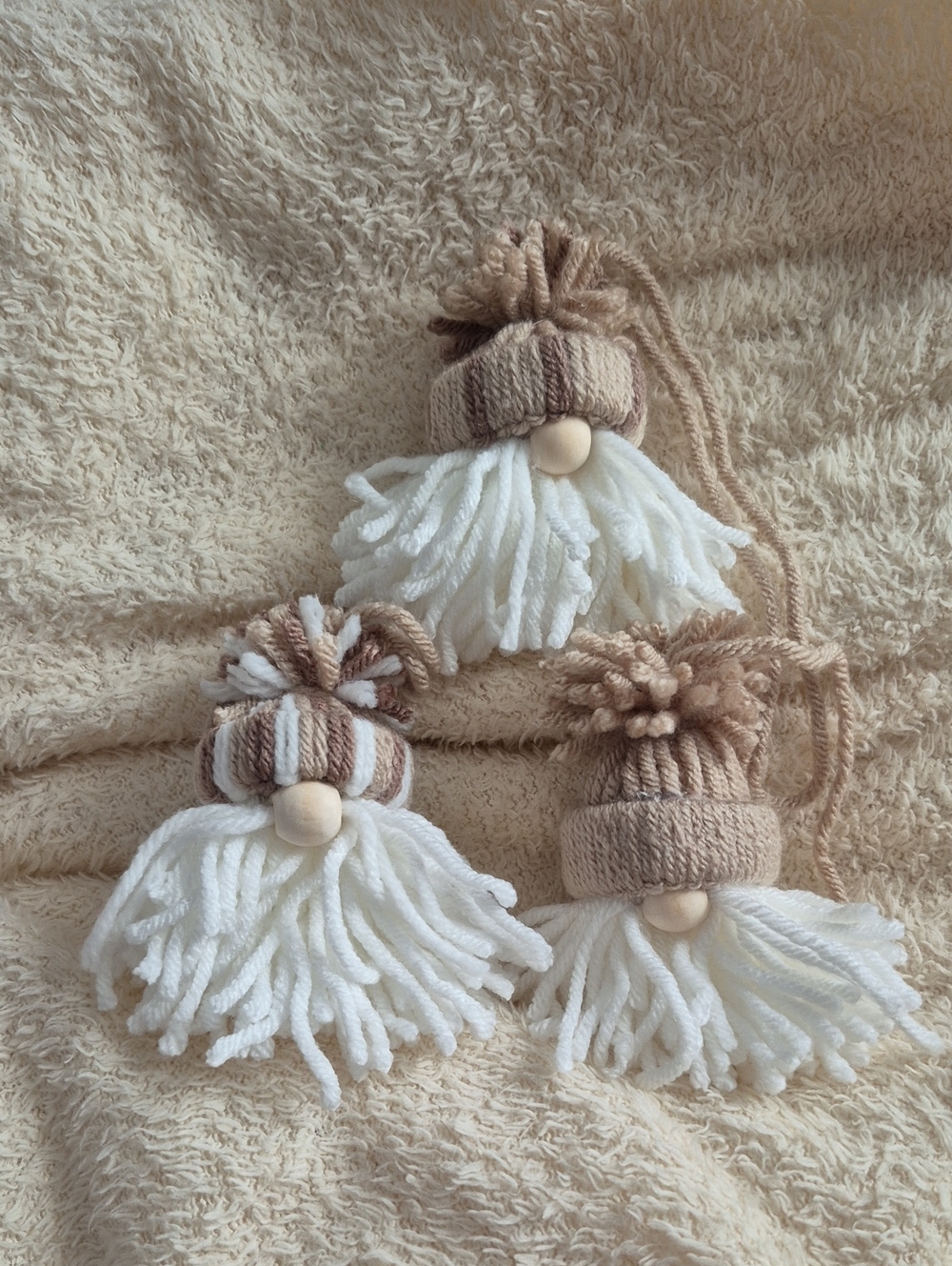 3 Handmade Beige and White Gnome Plush Ornament